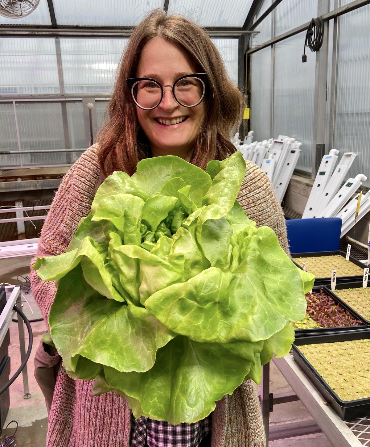 Dr. Mary Rogers with lettuce harvest